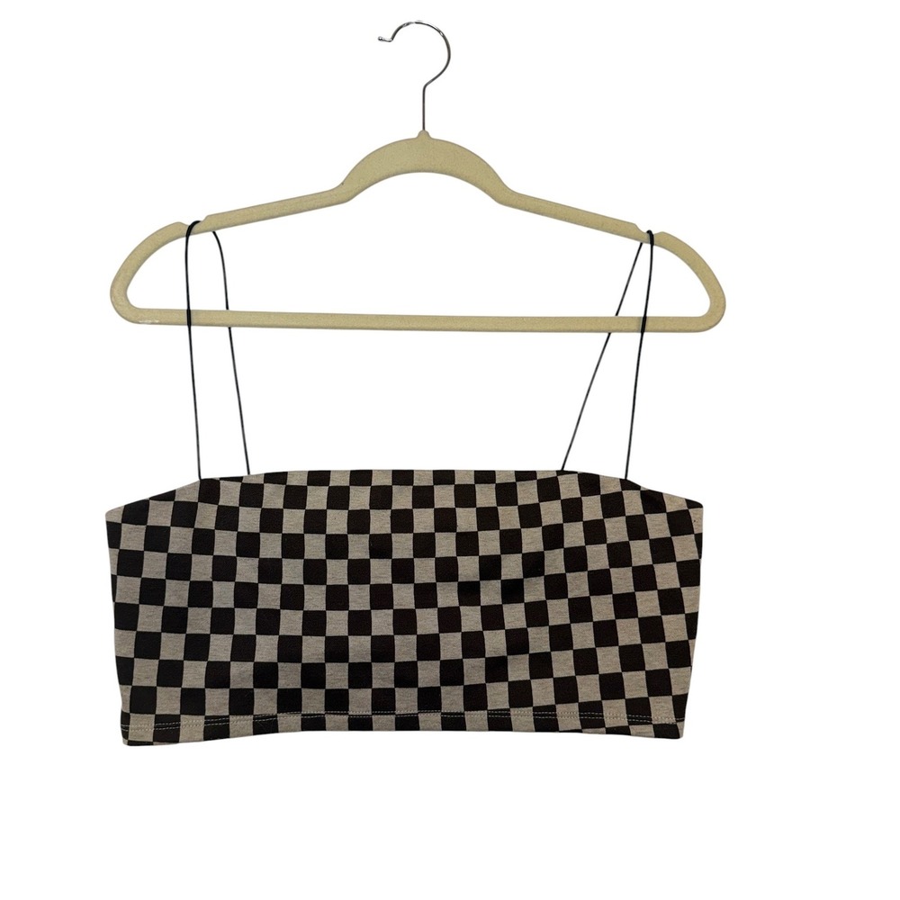 Reformation Womens Checkerboard Spaghetti Strap Crop Top Brown Tan Size L‎